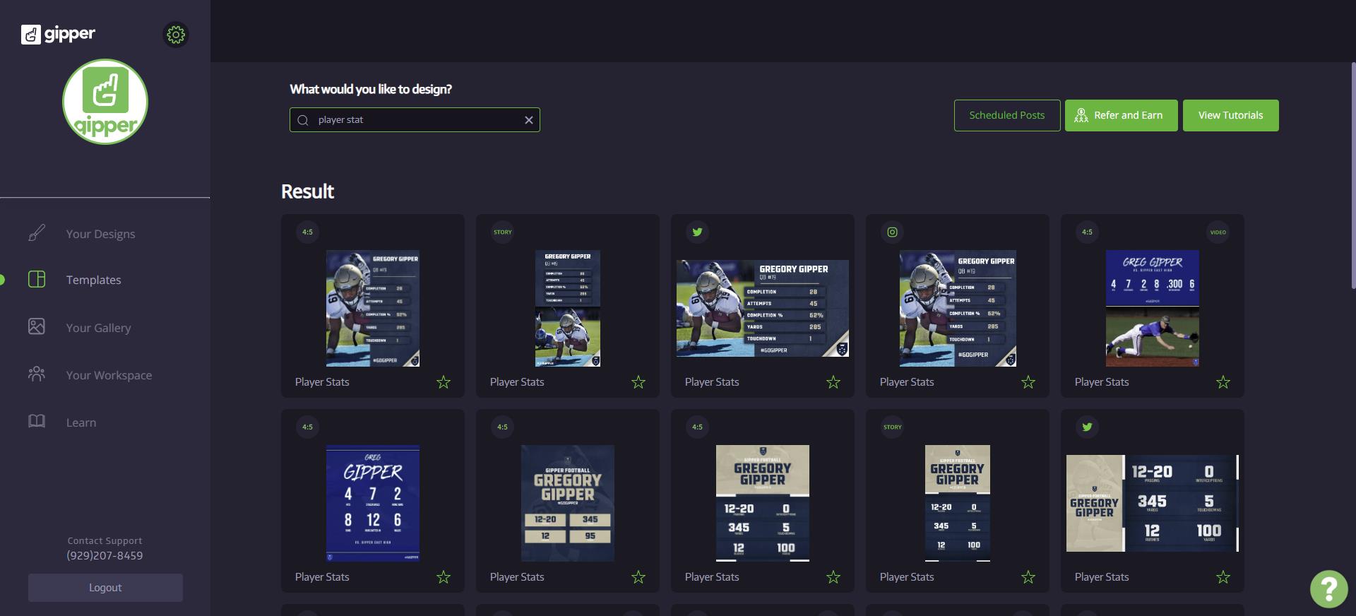 template dashboard showing player & team stat graphic templates for users to choose what they want to create
