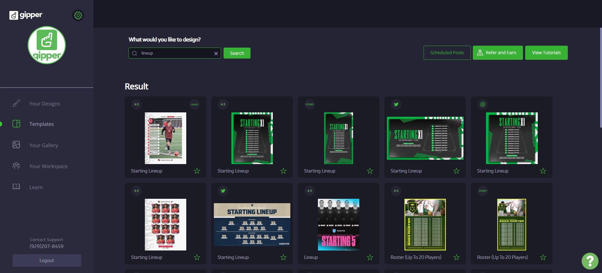 template dashboard showing starting lineup graphic templates for users to choose what they want to create