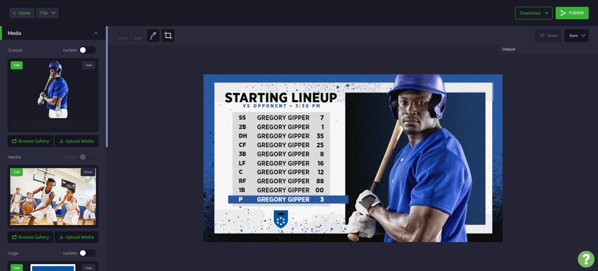 template editor showing starting lineup graphic where user can change color, text, and images to match their branding